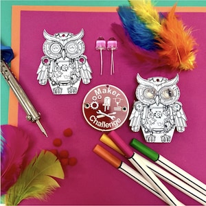 May include: An assortment of craft supplies on a pink background. Includes two owl-shaped circuit board pendants, a red circular pendant with "Maker Challenge" text, two pink LEDs, colorful feathers, red pom-poms, and markers.