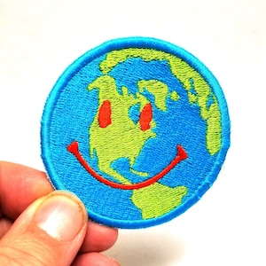 Smiley Face World Embroidered Patch - Back Patch - Backpack Patch Embroidery - Upcycle