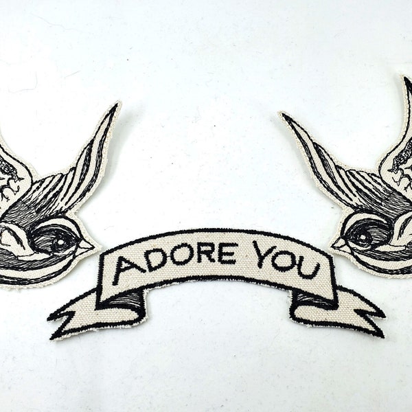 Pair of Sparrows Embroidered Patch Holding a Banner Canvas Patch - Hole in my Jeans Patch - Patch Jacket - Wedding - Tattoo Sparrows