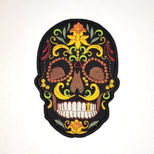 Black Sugar Skull Iron On Patch - Back Patch - Backpack Patch - Embroidered Skull