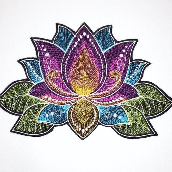 Large Lotus Embroidered Patch - Colorful - Mandala Colorful Iron on Patch for your Jacket