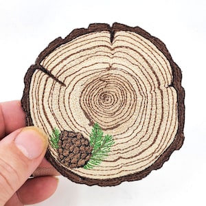 Plant Patch - Log Slice with Pine Cone Embroidered Patch - Outdoors Plants Garden Patch - Patch for Hat or Jacket - Tree - Woodsy gift
