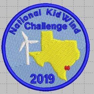 May include: Blue and yellow embroidered patch with the text "National Kid Wind Challenge 2019" and an outline of the state of Texas with a windmill.