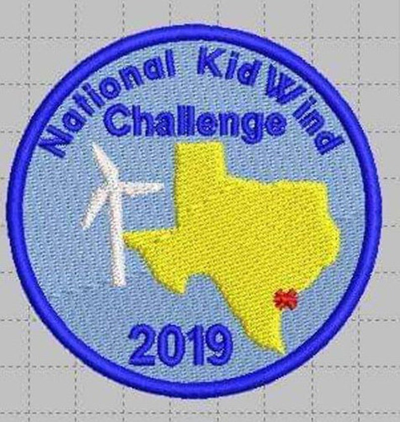 May include: Blue and yellow embroidered patch with the text "National Kid Wind Challenge 2019" and an outline of the state of Texas with a windmill.
