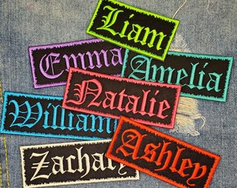 Custom Name Patch Embroidered Personalized Iron On Name Tag - Old English Gothic Style Lettering - name iron on patch - uniform name patch