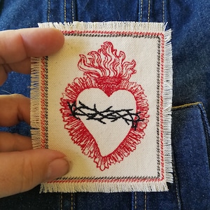 Sacred Heart Embroidered Patch Canvas Patch Choose Red or Black