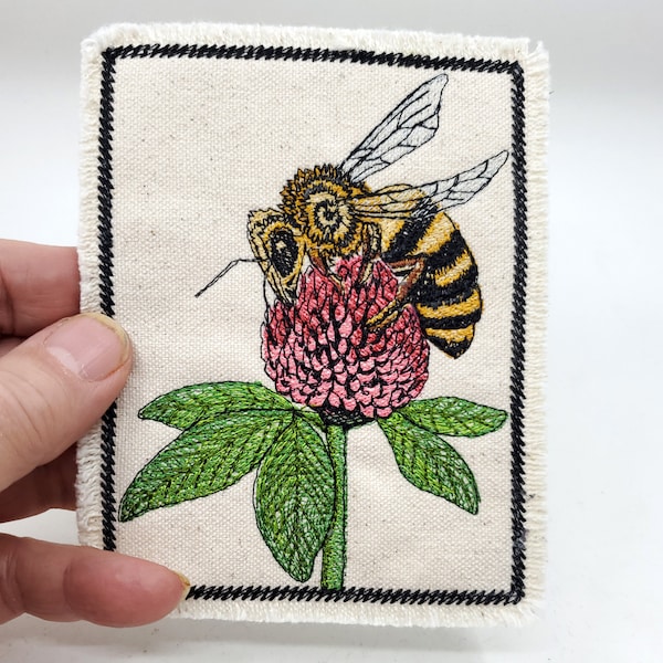 Bee on a Clover Embroidered Patch Bee Canvas Patch - Bee Patch - Flowers and Bees