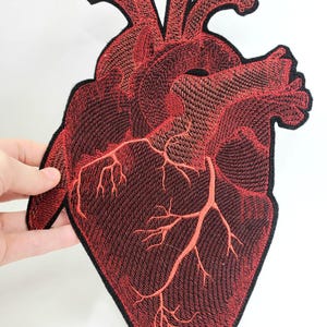 May include: Red embroidered anatomical heart patch. The heart is detailed with veins and arteries. The patch is made of felt and has a black border.