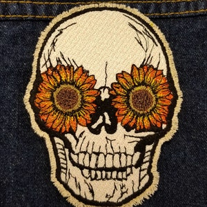 Skull with Sunflower Eyes Embroidered Patch Back Patch Backpack Patch Embroidery