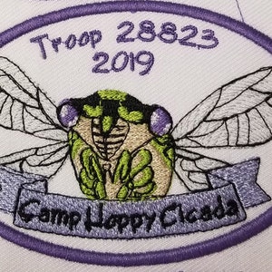 May include: Purple embroidered patch with a green and white cicada, a banner that reads "Camp Happy Cicada", and the text "Troop 28823 2019".