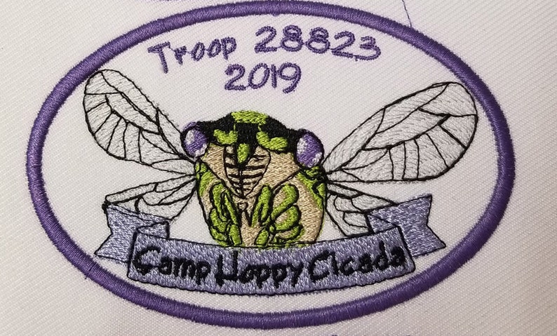May include: Purple embroidered patch with a green and white cicada, a banner that reads "Camp Happy Cicada", and the text "Troop 28823 2019".