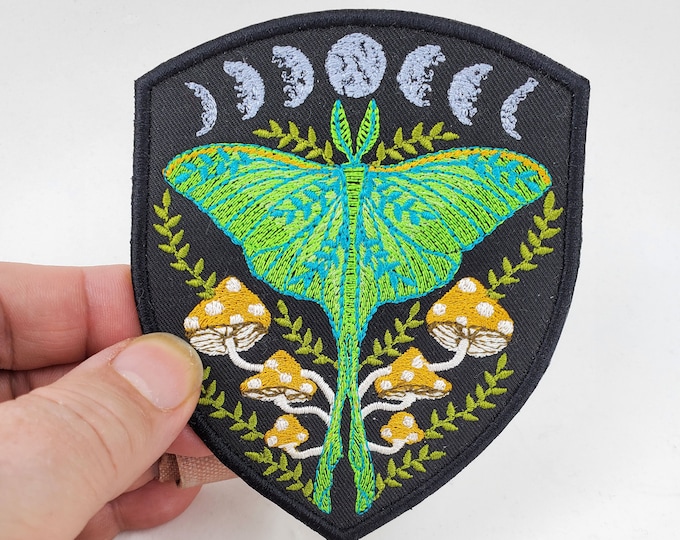 Luna Moth Moon Phase with Mushrooms Embroidered Patch - Patch Jacket - Patch Collection - Iron On