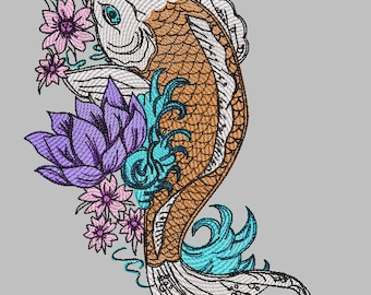 Japanese Koi Digital File for Embroidery Machine - Embroidery Design File - with Japanese  text - finger waves - 2 sizes