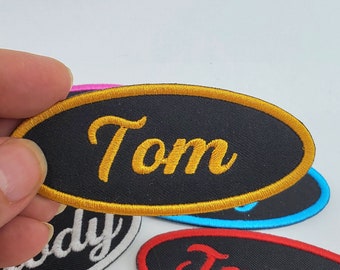 BLACK BACKGROUND Custom Name Patch Embroidered Iron On Name Tag - Garage Name Tag - name iron on patch - uniform name patch Personalized