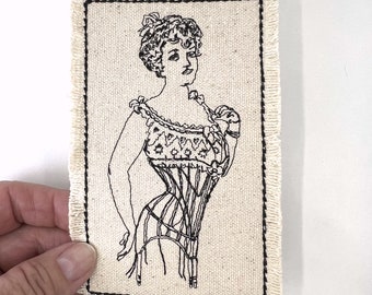 Edwardian Lady in Corset Embroidered Patch Canvas Patch.  Girly patch to add to your jacket.  Antique Lady - Vintage look patch