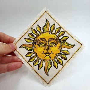 Colorful Golden Smiling Sun Embroidered Patch Celestial Canvas Patch