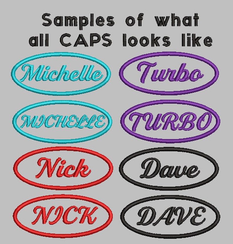 May include: Samples of what all CAPS looks like. The names Michelle, Turbo, Nick, and Dave are shown in both lowercase and uppercase letters.