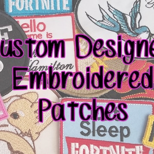 May include: A collection of custom designed embroidered patches featuring various designs, including a bird, a bear, the words "Rise Up", "Sleep", and "Fortnite".