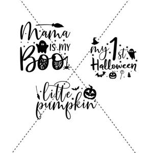 May include: Black and white Halloween-themed graphics. The designs include phrases like "Mama is my Boo," "my 1st Halloween," and "little pumpkin," along with spooky illustrations of ghosts, bats, and pumpkins.