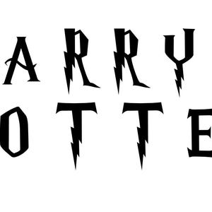 May include: Black text on a white background spells out "HARRY POTTER" in a stylized font. The letters have a jagged, lightning bolt design incorporated into them, giving a magical theme.