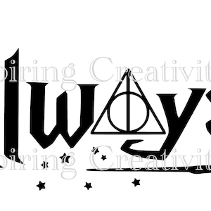 May include: Black graphic design featuring the word "Always" in a stylized font, with the Deathly Hallows symbol and a wand. Small stars are scattered below the text. The design is set against a white background.