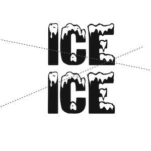 May include: Black and white graphic of the word "ICE" in a bold, stylized font. The letters are designed to look like they are dripping with ice or snow, with a textured, icy effect on top.