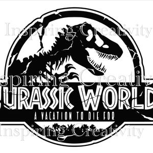 May include: Black and white Jurassic World logo featuring a Tyrannosaurus Rex silhouette. The text reads "JURASSIC WORLD" above "A VACATION TO DIE FOR" in a stylized font. The design is set against a white background.
