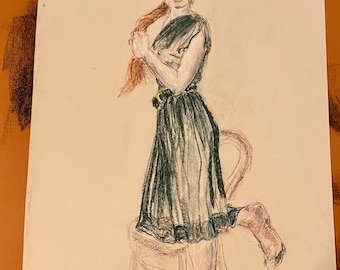 Colorful sketch of red haired woman in green dress signed Dee Beechel 1977