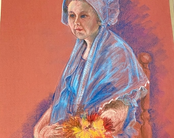 Large unsigned colorful sketch of woman in bonnet