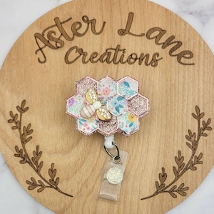 Bee Badge Reel, Bee Hive Badge Reel, Bee Gift, Rose Gold Bee, Badge Reel, Floral Badge Reel, Gift for Teacher, Honeycomb Badge Reel