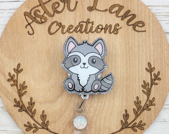 Raccoon Badge Reel, Cute Raccoon, Cute Animal Badge Reel, Glitter Badge Reel, Vet Badge Reel, ID Holder, Raccoon Gift, Animal Badge Reel