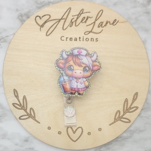Cute Cow, Nurse Cow, Badge Reel, Cow with Coffee, Cow Badge Reel, Cow Gift, Highland Cow Badge Reel, Cute Nurse Gift, Badge Reel
