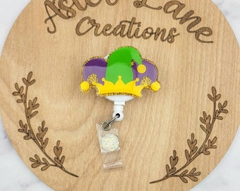 Mardi Gras Badge Reel, Mardi Gras Gift, Mardi Gras Hat Badge Reel, Holiday Badge Reel, Glitter Badge Reel, Retractable Badge Reel