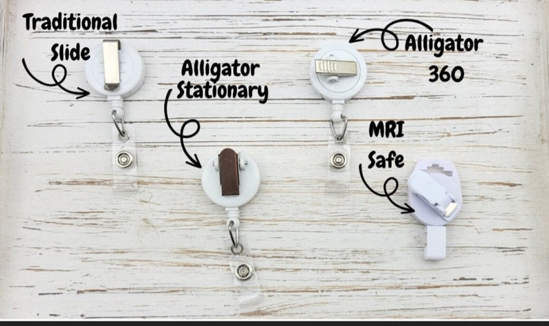 May include: Four different types of retractable badge reels. The first is labeled "Traditional Slide". The second is labeled "Alligator Stationary". The third is labeled "Alligator 360". The fourth is labeled "MRI Safe".