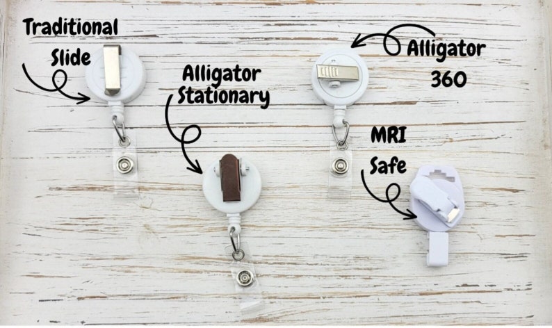 May include: Four different types of retractable badge holders. The first is a traditional slide style, the second is an alligator stationary style, the third is an alligator 360 style, and the fourth is an MRI safe style.