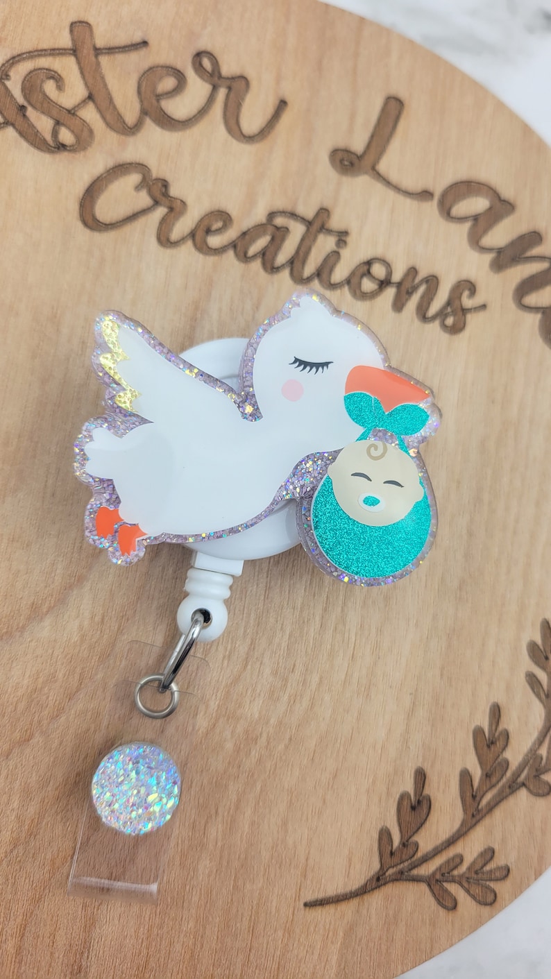 Stork Badge Reel, Labor and Delivery Badge Reel, Baby Nurse Badge Reel, Stork and Baby, Labor Nurse Gift, Pediatrician Badge Reel, ID Holder image 3