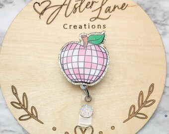 Teacher Badge Reel, Pencil Badge Reel, Apple Badge Reel, Disco Apple, Cute Disco Ball, Teacher Gift, Badge Reel, ID Holder, Apple Gift