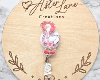 Goose Badge Reel | Spring Badge Reel | Glitter Goose Badge Reel | Cute Farm Animal ID Holder | Cute Goose | Strawberry Goose | Summer Goose