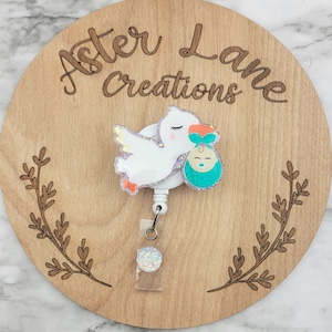 Stork Badge Reel, Labor and Delivery Badge Reel, Baby Nurse Badge Reel, Stork and Baby, Labor Nurse Gift, Pediatrician Badge Reel, ID Holder image 1