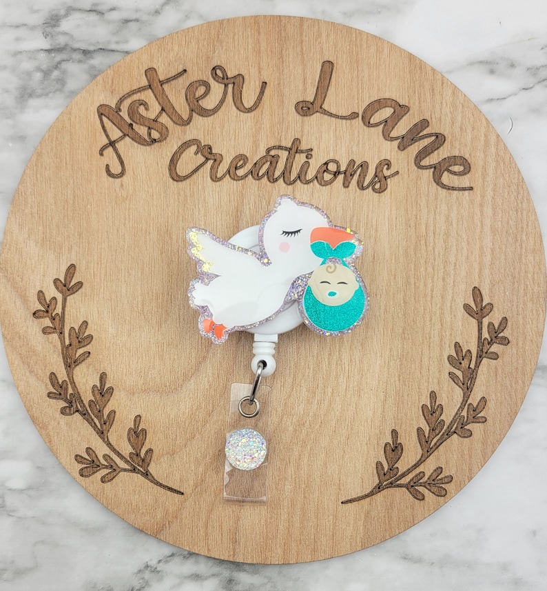 Stork Badge Reel, Labor and Delivery Badge Reel, Baby Nurse Badge Reel, Stork and Baby, Labor Nurse Gift, Pediatrician Badge Reel, ID Holder image 1