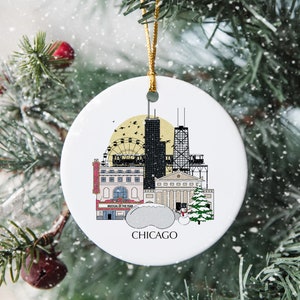 Chicago Illinois Personalised Christmas Tree Ceramic Ornament Decoration Xmas Bauble Gift Present Festive Souvenir Disc Holiday Custom