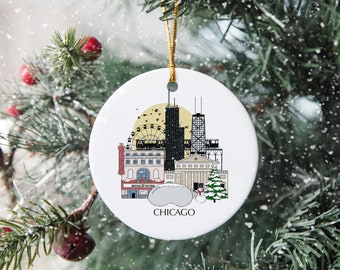 Chicago Illinois Personalised Christmas Tree Ceramic Ornament Decoration Xmas Bauble Gift Present Festive Souvenir Disc Holiday Custom