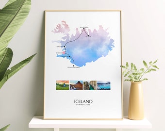 Iceland Personalised Travel Map Print with Photo Collage Wall Decor Home Poster Iceland Print Engagement Gift Custom Map Custom Print