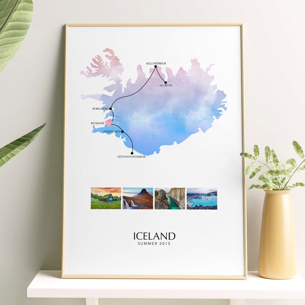 IJsland gepersonaliseerde reiskaart afdrukken met fotocollage wanddecoratie thuisposter IJsland print verlovingscadeau aangepaste kaart aangepaste afdruk