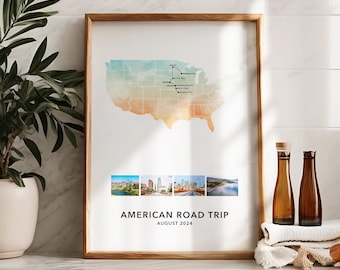 May include: A framed print featuring a map of the United States with a road trip route marked. The print includes four landscape photos and the text "AMERICAN ROAD TRIP AUGUST 2024". The frame is made of wood.