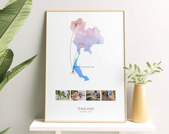 Thailand Personalised Travel Map Print with Photo Collage Wall Decor Home Poster Thailand Print Engagement Gift Custom Map Custom Print