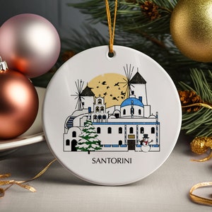 Santorini Griekenland Gepersonaliseerde kerstboom keramisch ornament aangepaste decoratie cadeau Kerstbal Home decor vakantie custom
