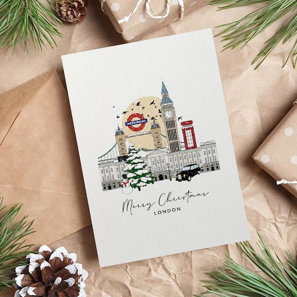 Carte de Noël personnalisée à Londres : carte illustrée de voyage pour les fêtes