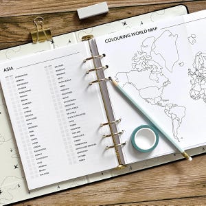 Been/Bucket List + Farbige Landkarte Einfügen Country List Insert ultimative Reisejournal-Einlage Planer Organizer Scrapbooking 6 Ring A5 Refill
