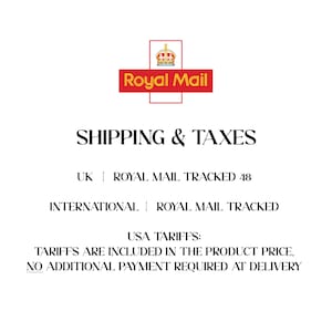 May include: The Royal Mail logo, a red rectangle with a gold crown, is at the top of the image. Below, the text reads "SHIPPING & TAXES." Further text details shipping options, including "ROYAL MAIL TRACKED 48" and "ROYAL MAIL TRACKED."